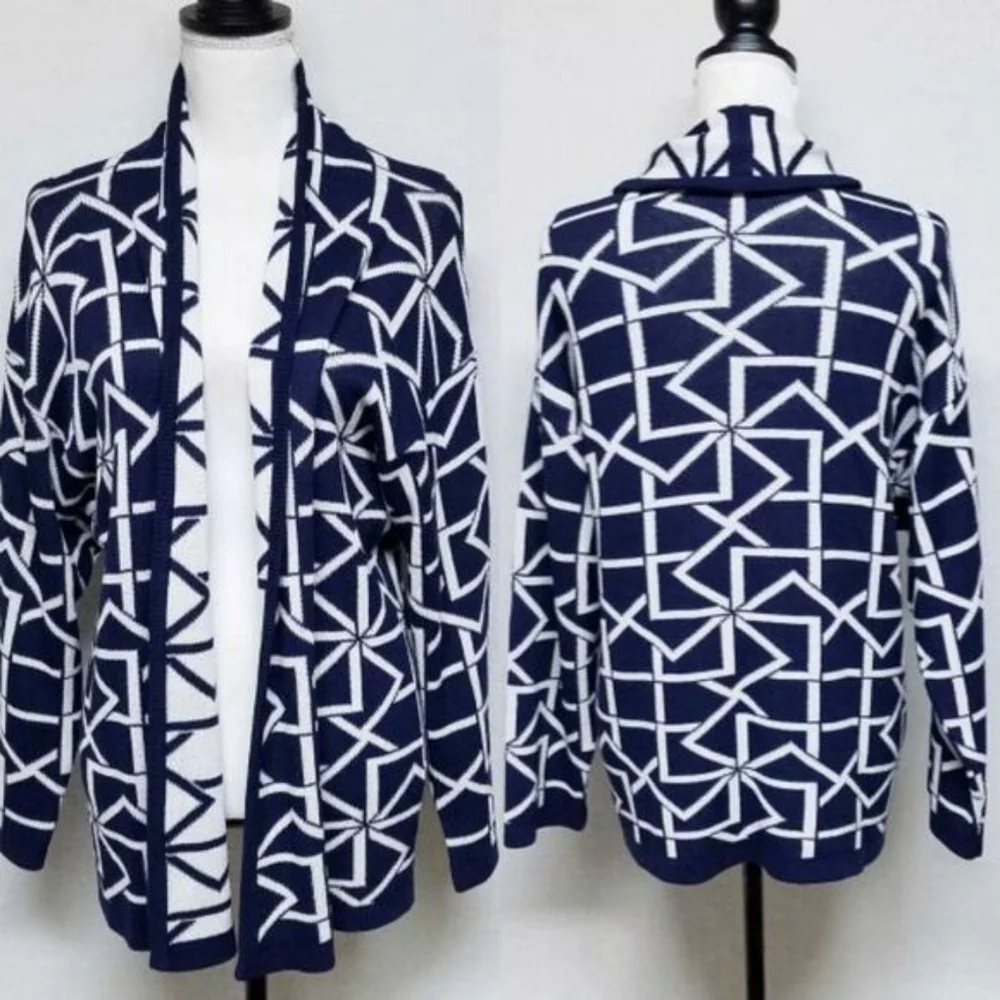 60s Vintage Dalton Blue White Geometric Print Union ILGWU Open Front Cardigan M